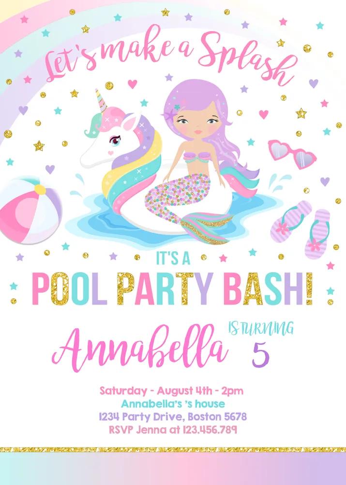 Unicorn Mermaid Pool Party Invitation Template | Editable Canva Invite