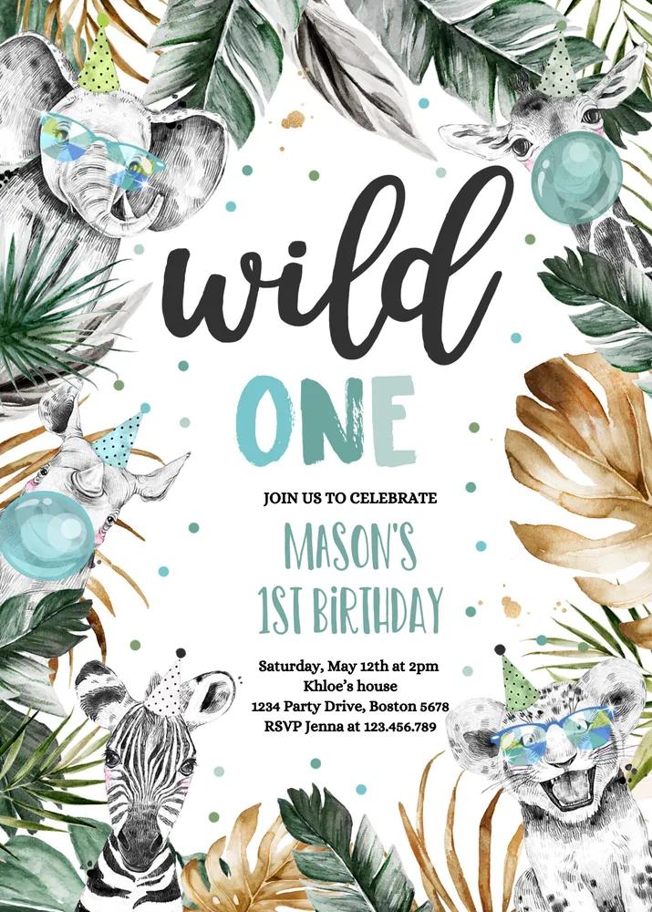 Wild One Safari Birthday Invitation | Editable Canva Template Modern Monochrome
