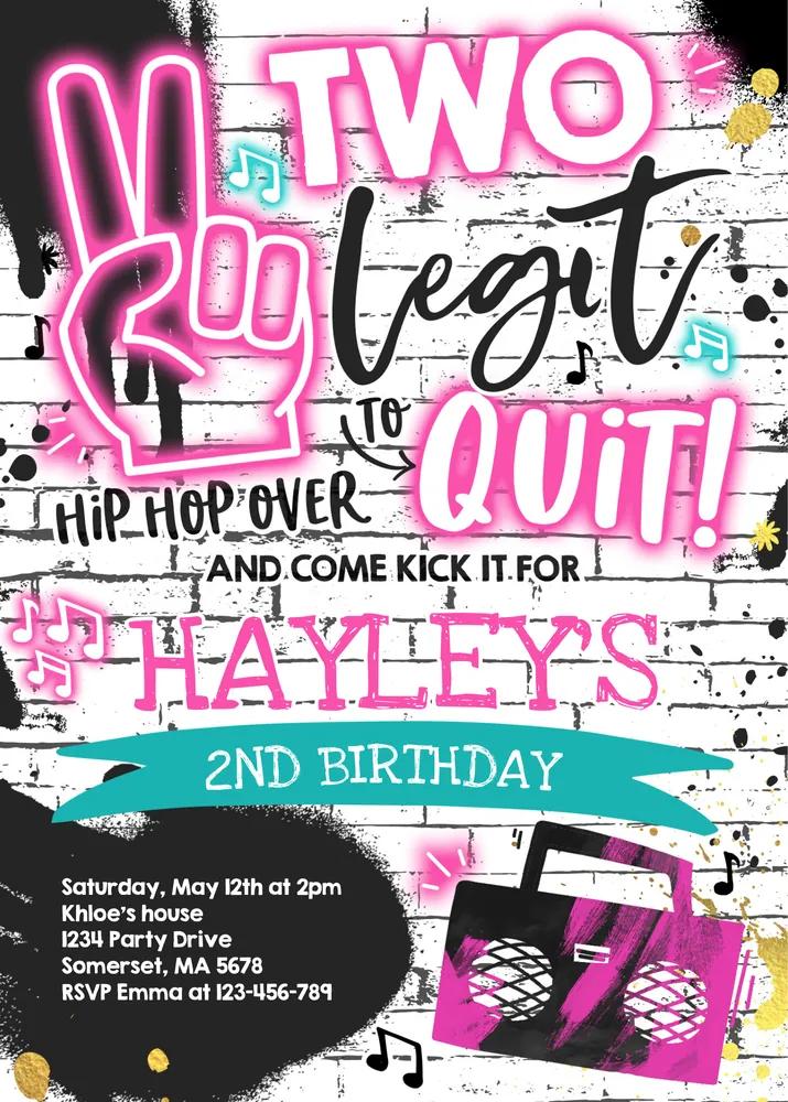 Two Legit to Quit 2nd Birthday Invitation | Girl Hip Hop Canva Template