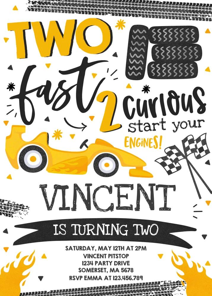 Two Fast Birthday Invitation Yellow Race Car Canva Template 2nd Birthday Invite