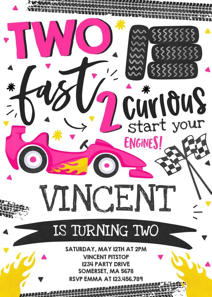 Two Fast Birthday Invitation Pink Race Car 2nd Birthday Party Canva Template