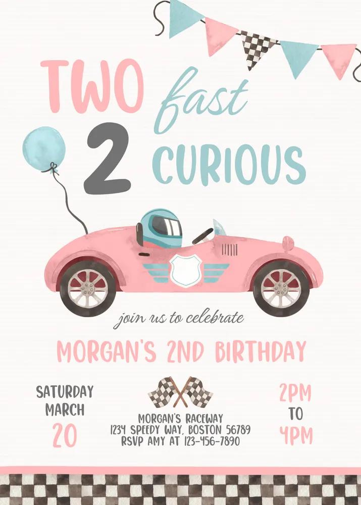Pink Two Fast Girl Birthday Invitation | Editable Canva Race Car Invite
