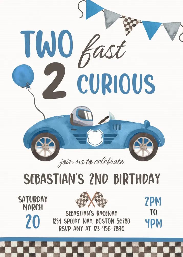Two Fast Birthday Invitation Blue Race Car 2nd Birthday Canva Template