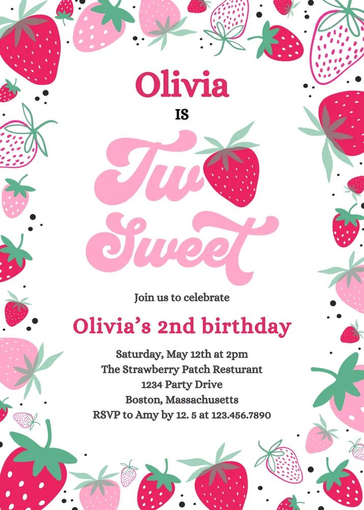 Strawberry Two Sweet 2nd Birthday Invitation Canva Template Instant Download