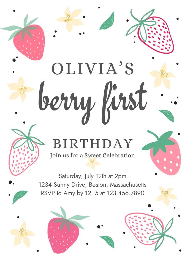 Berry First Birthday Invitation | Strawberry 1st Birthday Canva Template