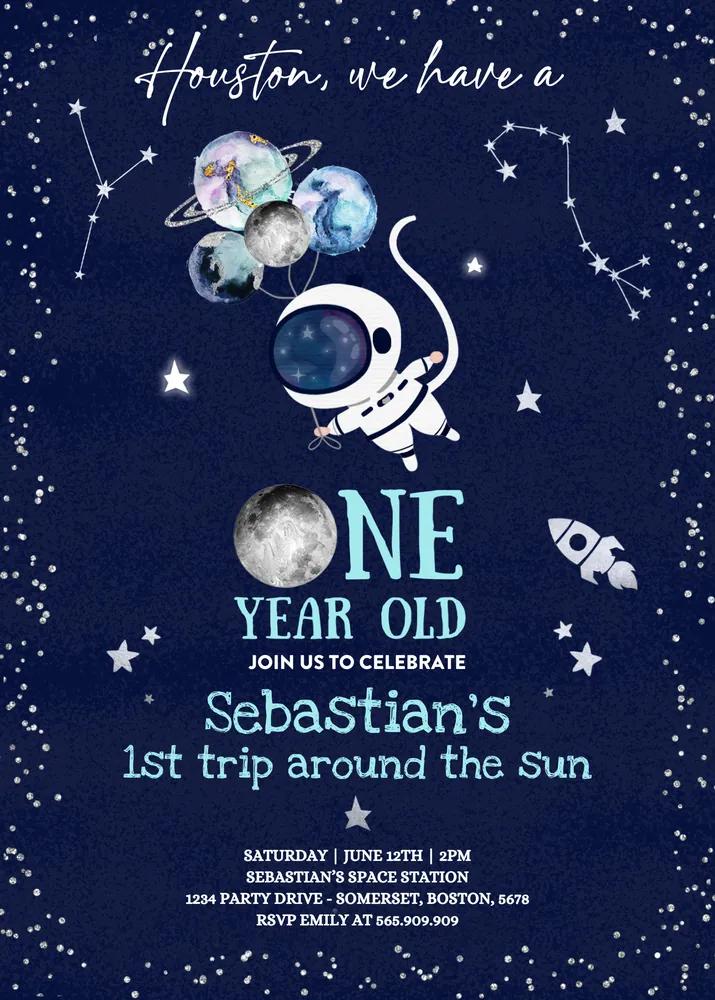 Space 1st Birthday Invitation | Houston We Have a One Year Old Canva Template