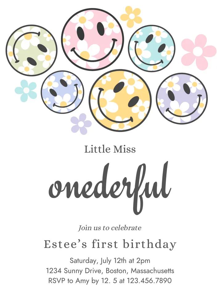 Smiley Daisy Face 1st Birthday Invitation | Little Miss Onederful Canva