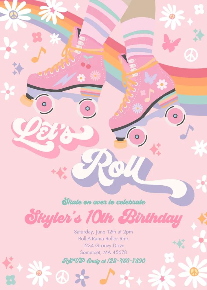 Groovy Retro Roller Skating Birthday Invitation - Editable Canva Template