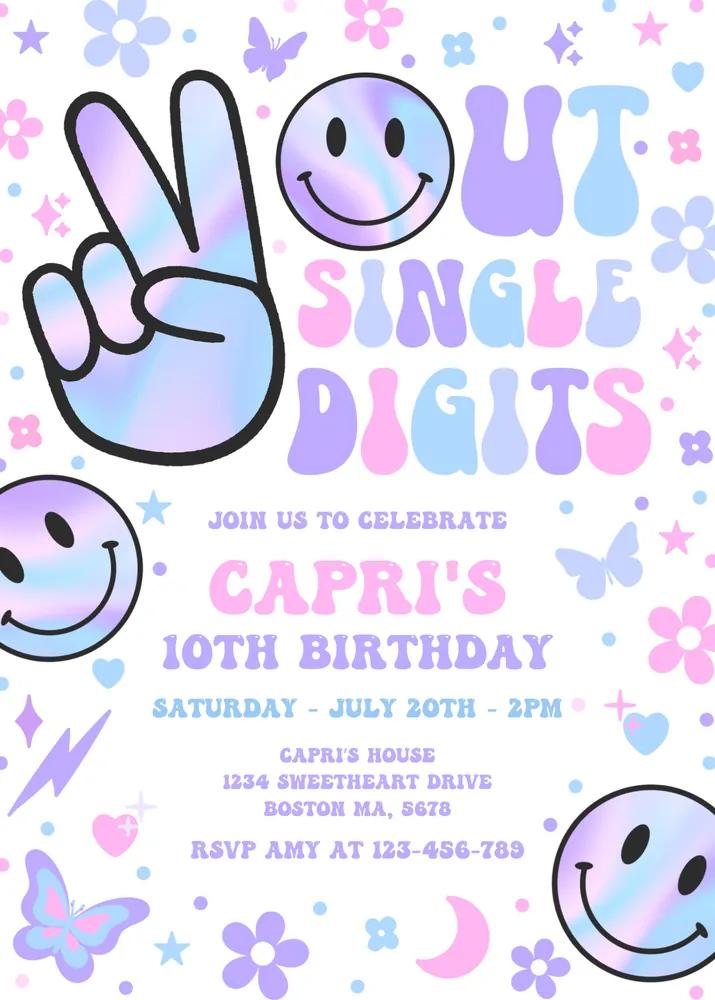 Peace Out Single Digits Birthday Invitation | Groovy 10th Birthday Canva Template