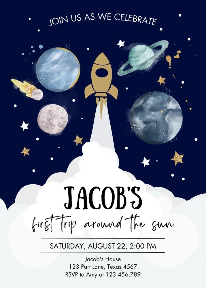 Outer Space First Birthday Invitation Canva Template Galaxy Blast Off Invite