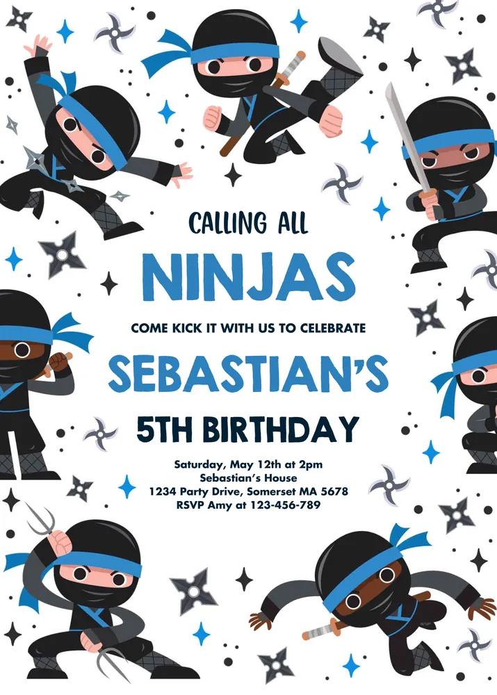 Ninja Birthday Party Invitation - Blue Karate Martial Arts Canva Template