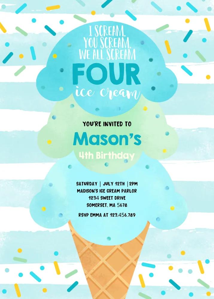 Ice Cream 4th Birthday Invitation | Editable Canva Template | Boys 4th Party