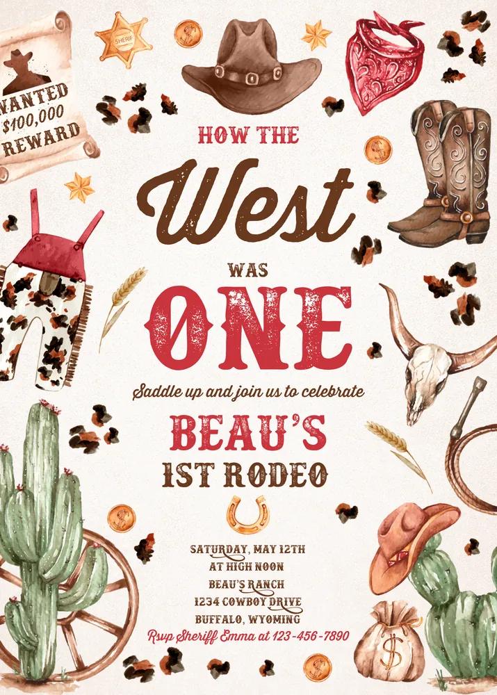 How The West Was One Birthday Invitation | Cowboy 1st Rodeo Canva Template
