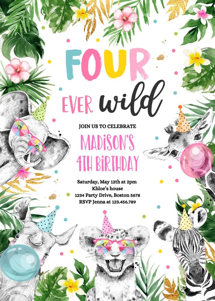 Four Ever Wild 4th Birthday Invitation Safari Animals Canva Template
