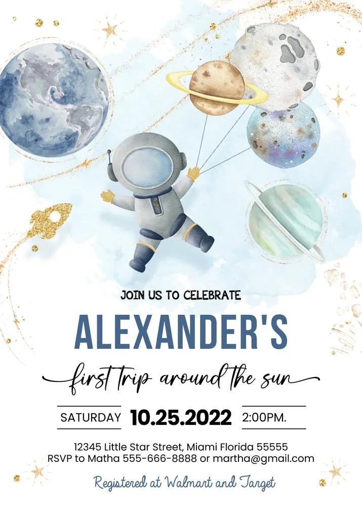 Outer Space First Trip Around the Sun 1st Birthday Invitation Canva Template
