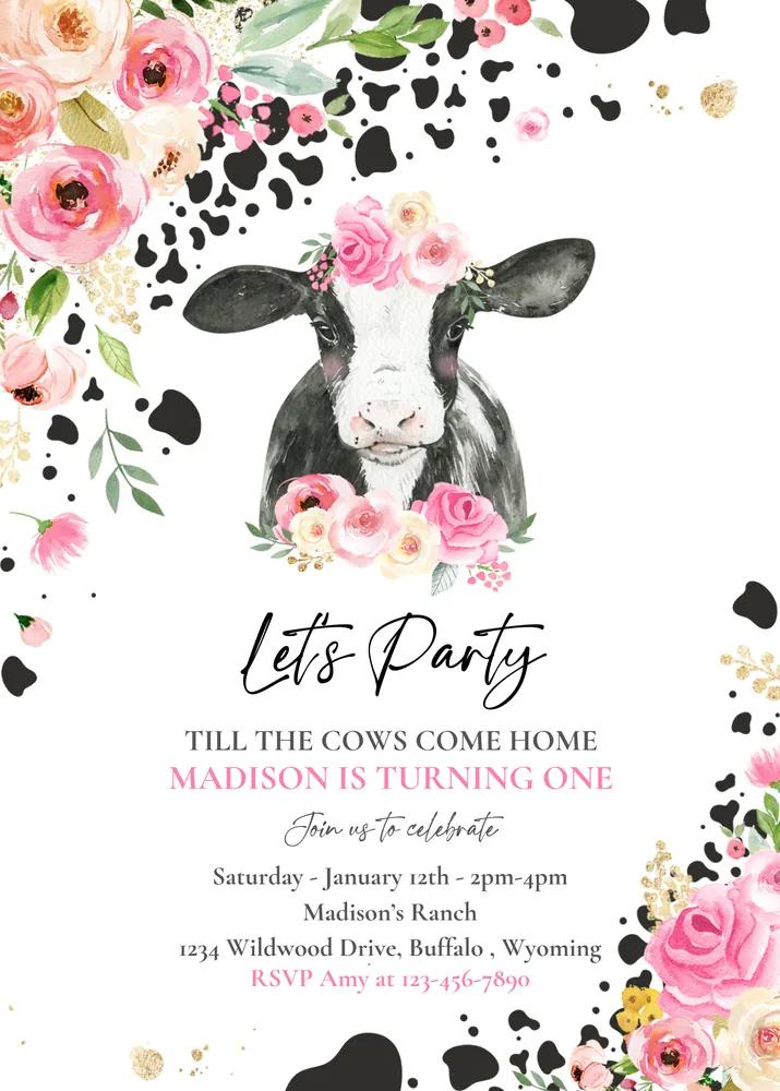 Editable Pink Cow Birthday Invitation Template, Floral Farm Girl Party Invite