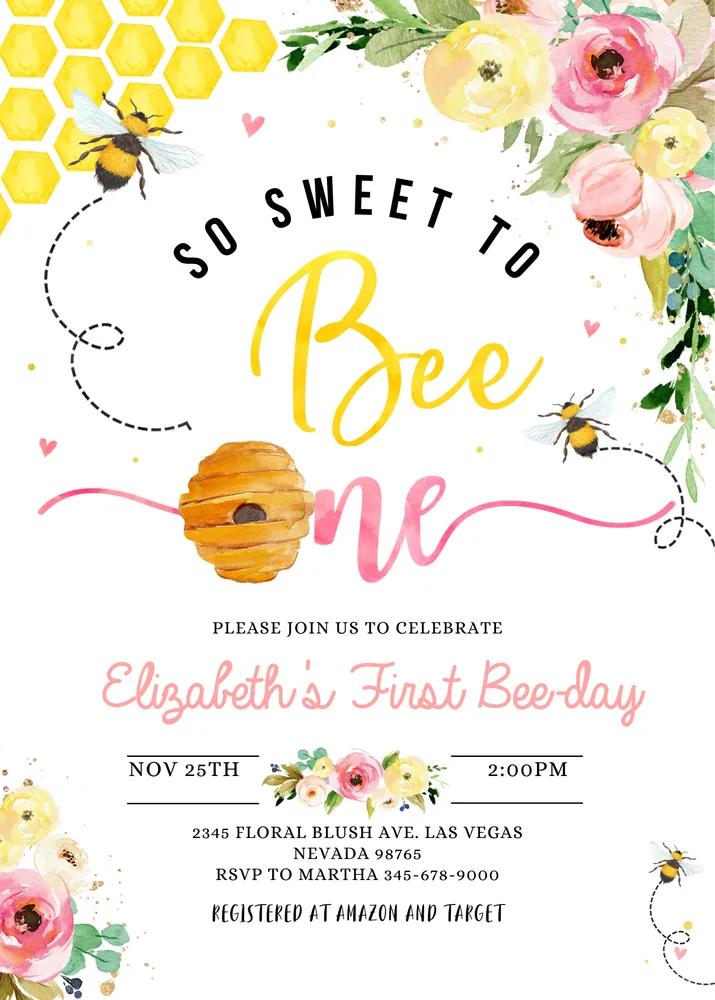 Bee Birthday Invitation - Editable Canva Template Honey Bee 1st Birthday
