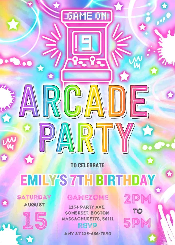 Arcade Party Video Invitation - Neon Tie Dye Gaming Canva Template