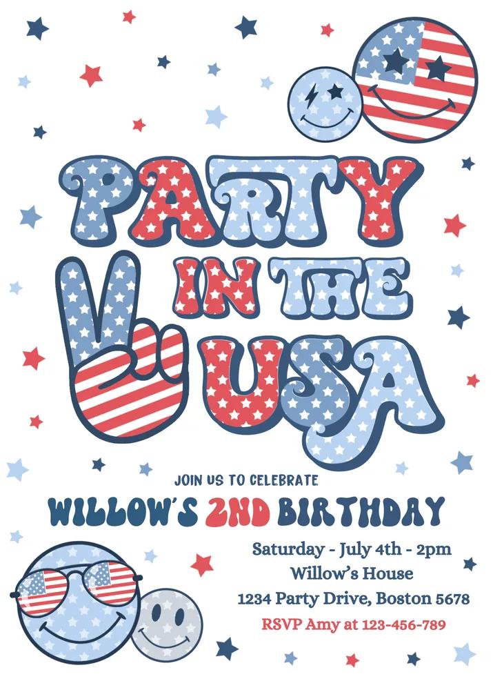 Retro Groovy 4th of July Birthday Invitation Canva Template