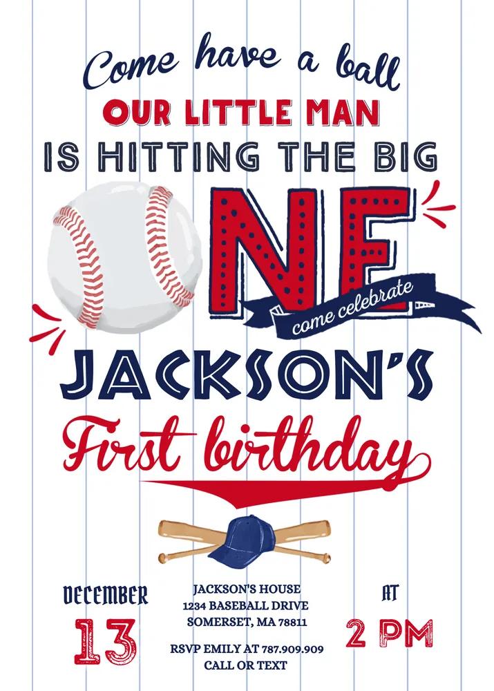Baseball 1st Birthday Invitation Template, Editable Red White Blue Canva