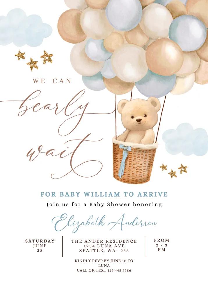 Teddy Bear Hot Air Balloon Baby Shower Invitation Canva Template Blue Tan