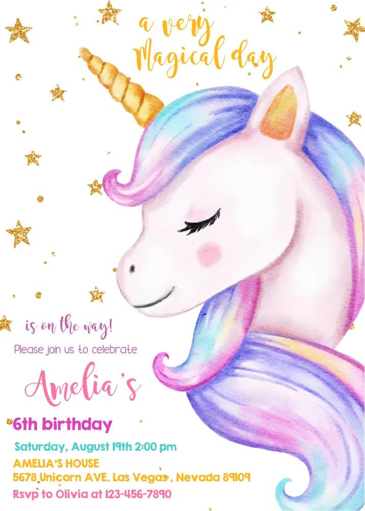 Unicorn Birthday Invitation Canva Template Rainbow Gold Glitter Magical Girl DIY