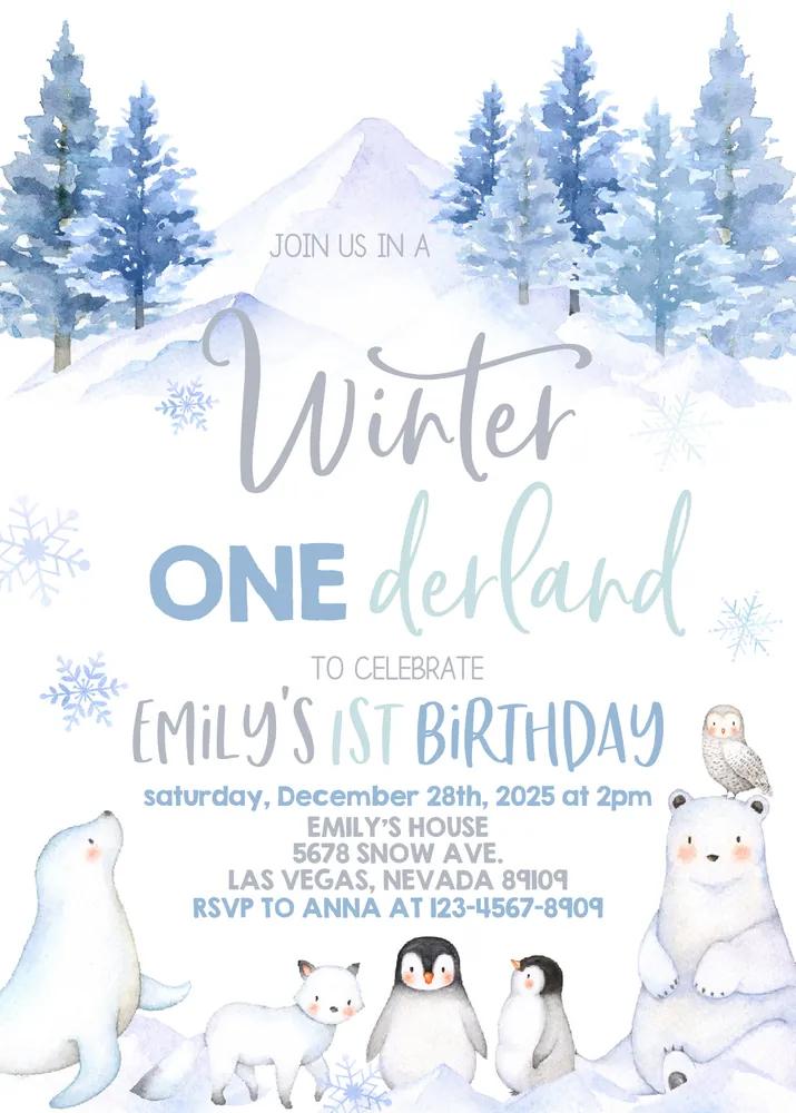 Winter Onederland 1st Birthday Invitation | Canva Polar Bear Invite