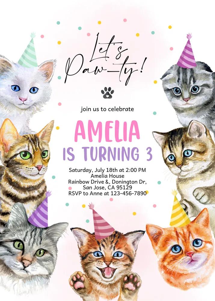 Cat Birthday Invitation Template - Lets Pawty Editable Canva Invite