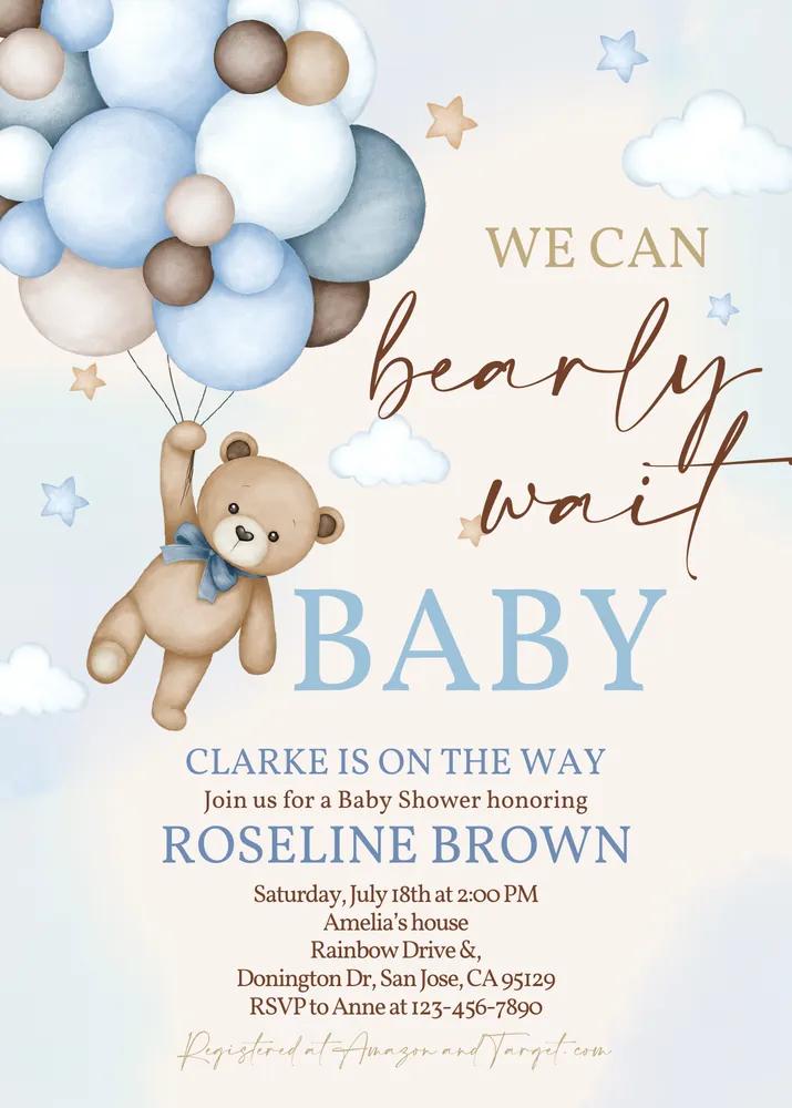 Blue Pampas Bear Baby Shower Invitation Canva Template Boho Boy