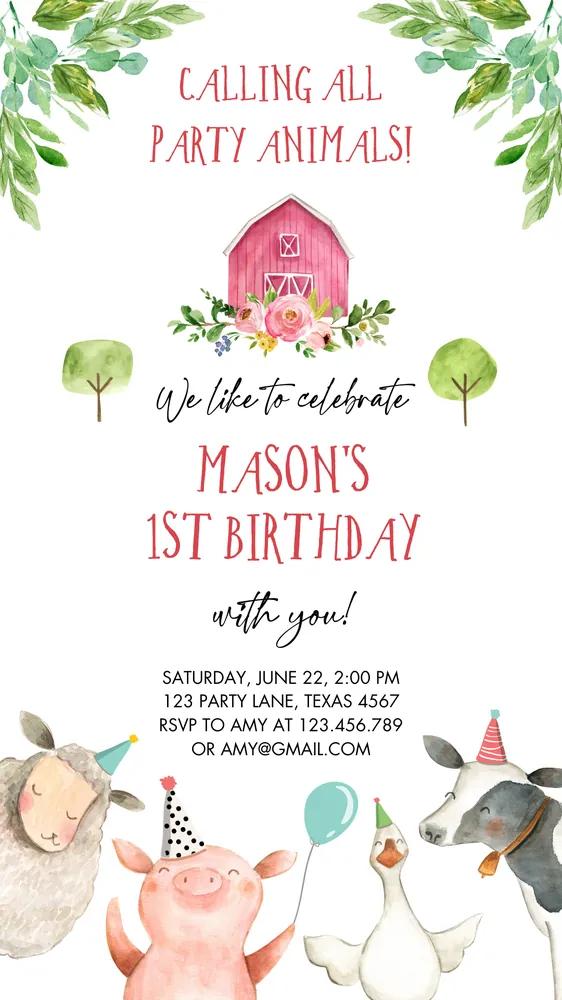 Farm Birthday Invitation Boy Barnyard Animals Canva Mobile Evite Digital Template
