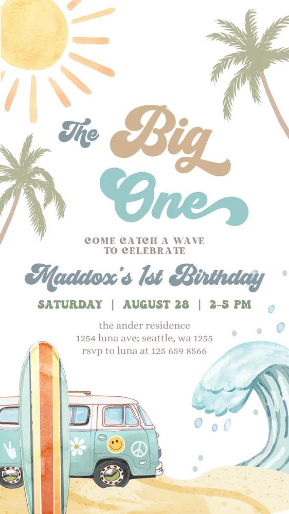 Editable The Big One Surf 1st Birthday Invite Canva Retro Surfboard Evite