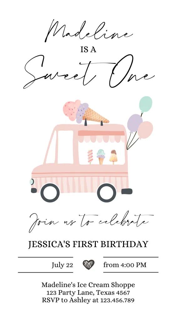 Ice Cream Truck 1st Birthday Evite | Sweet One Canva Phone Invite