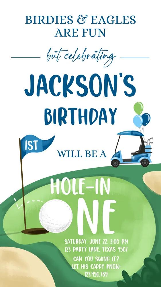 Hole in One 1st Birthday Invite | Editable Golf Par-Tee Phone Invitation Canva