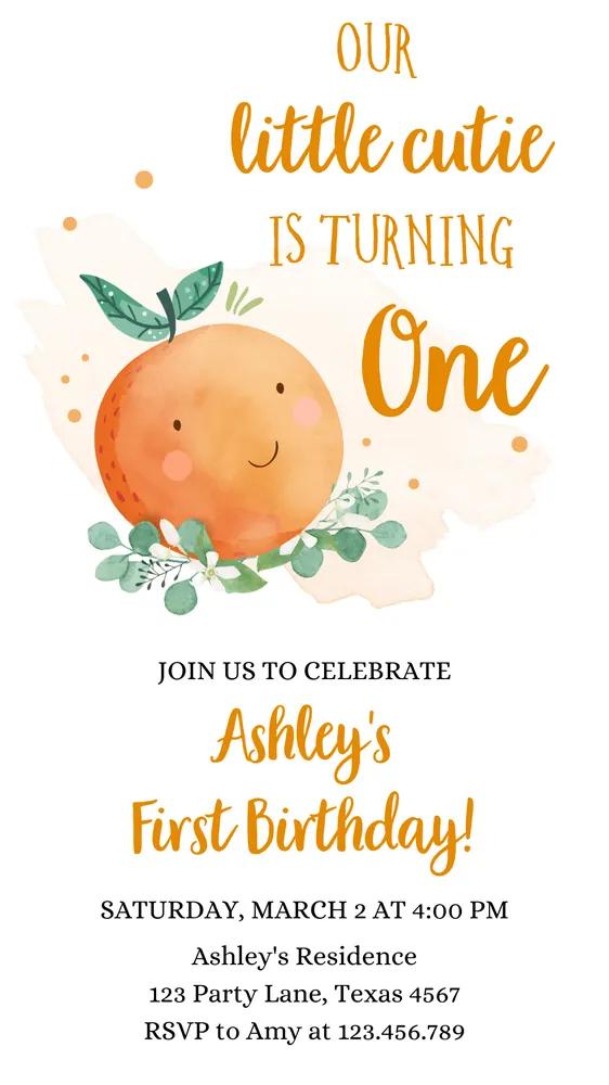 Little Cutie Birthday Evite | Editable Canva Orange Citrus Phone Invitation