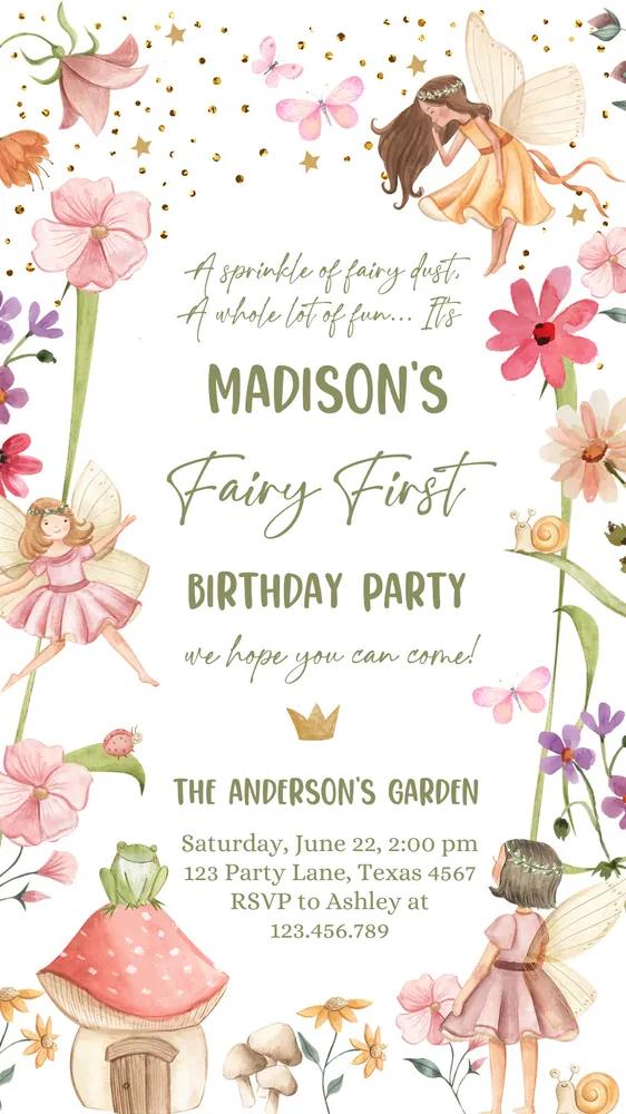 Fairy First Birthday Electronic Invitation | Canva Template Fairy Garden Evite