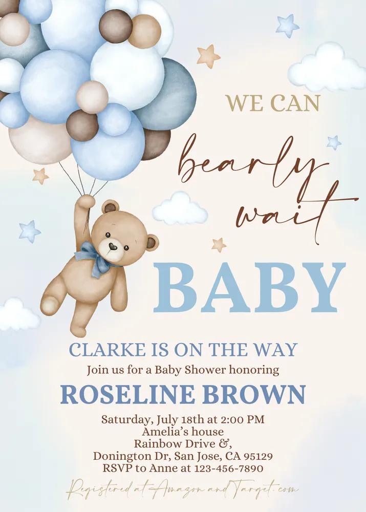 Blue Pampas Grass Teddy Bear Baby Shower Invitation Canva Template