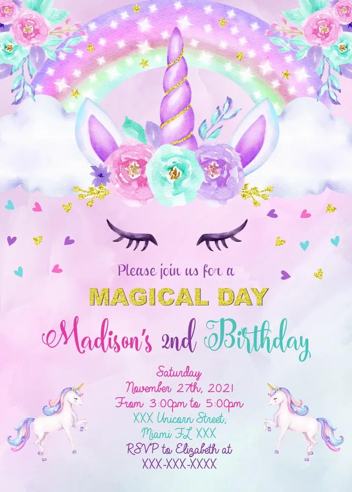 Unicorn Birthday Invitation - Editable Canva Template - Instant Download