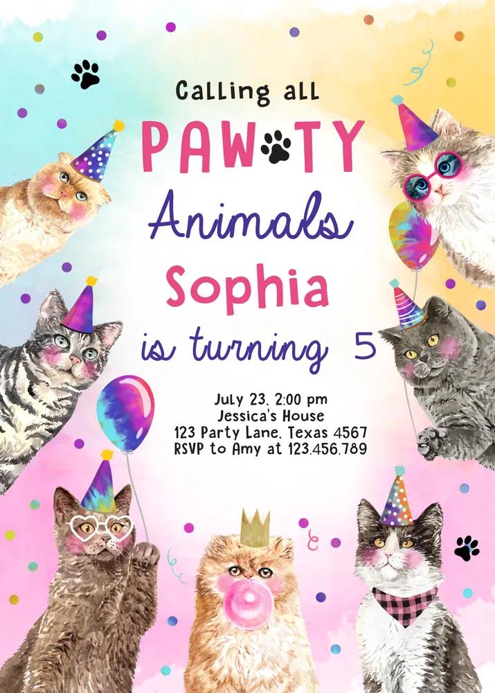 Cat Birthday Party Invitation | Editable Canva Template | Calling All Pawty Animals