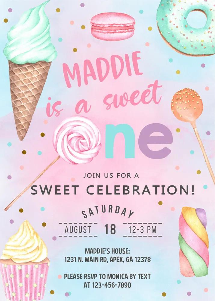 Candy Shes a Sweet One 1st Birthday Invitation | Canva Template