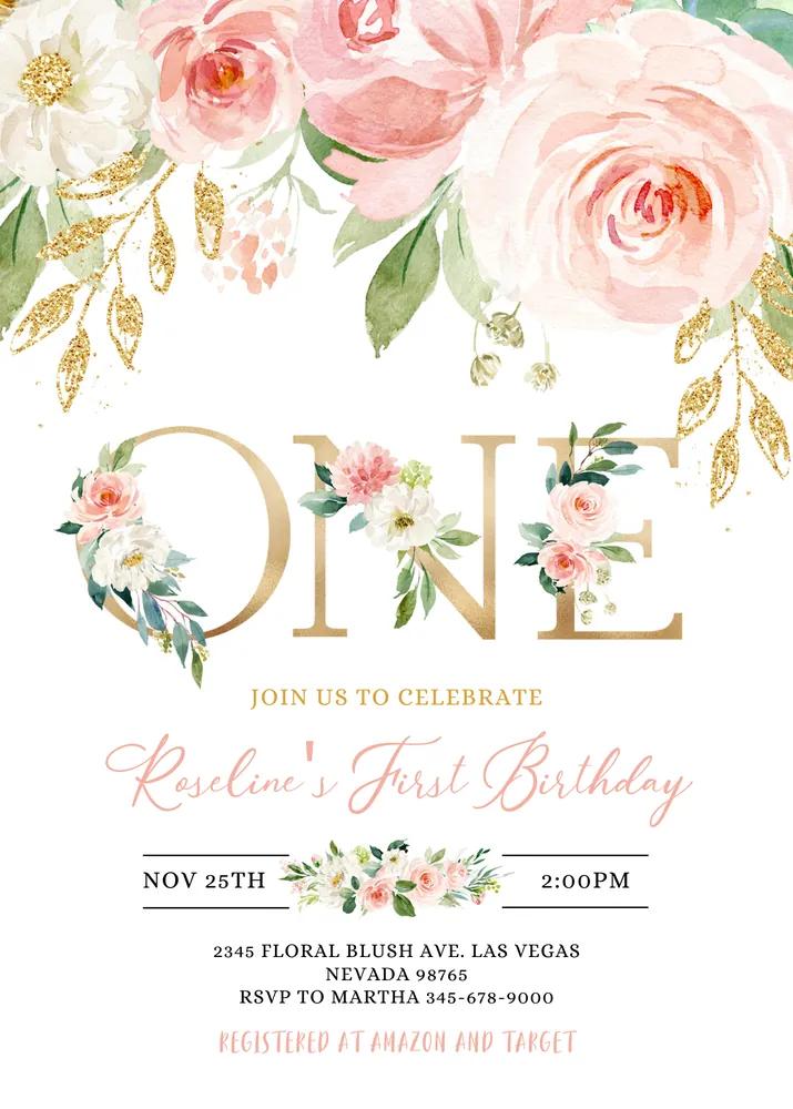 Blush Pink Floral First Birthday Invitation | Boho Girl 1st Birthday Canva