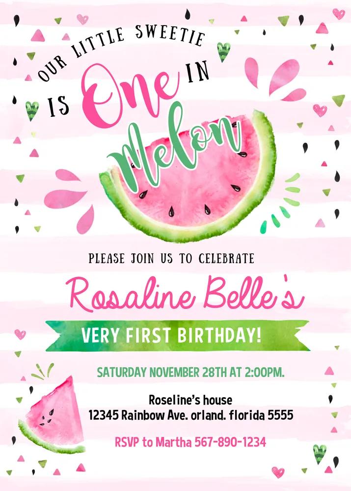 Watermelon 1st Birthday Invitation | One in a Melon Canva Template