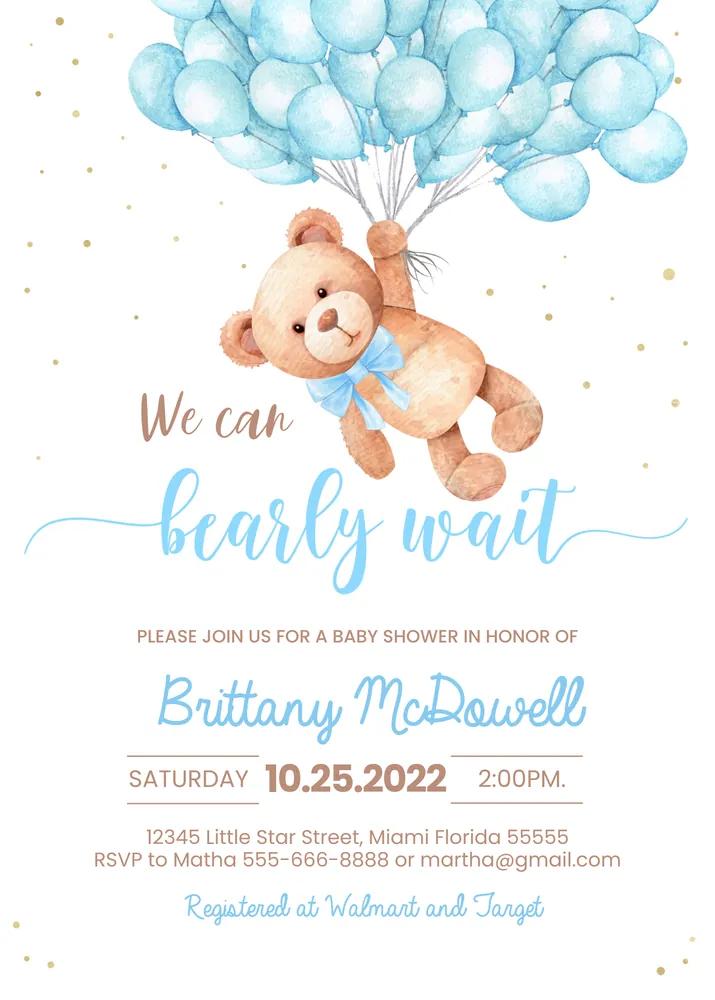 Teddy Bear Baby Shower Invitation Canva Template | Bear with Balloons Invite