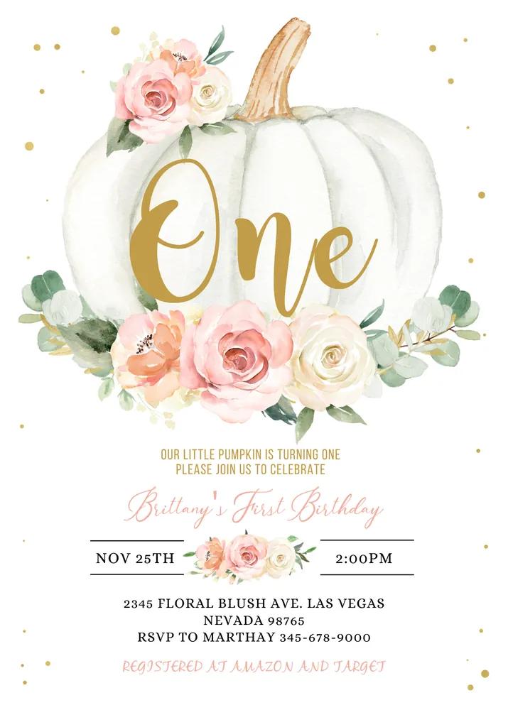 Pink Floral Pumpkin 1st Birthday Invitation Canva Template Girl Fall One Invite