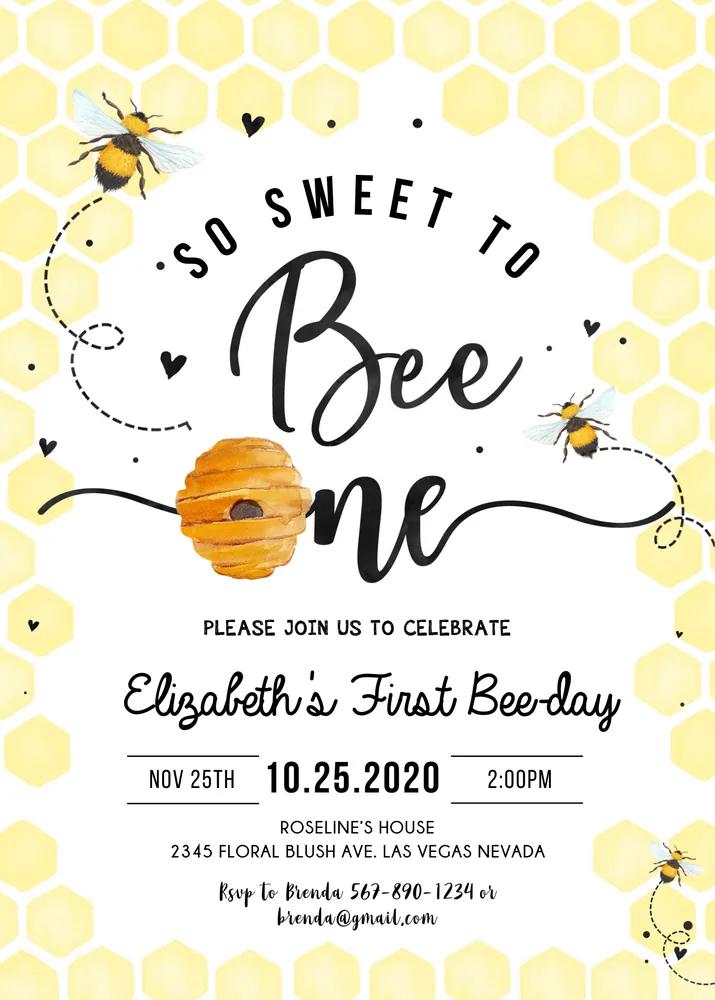 Bee 1st Birthday Invitation Template, Editable Honey Bee Birthday Invite Canva