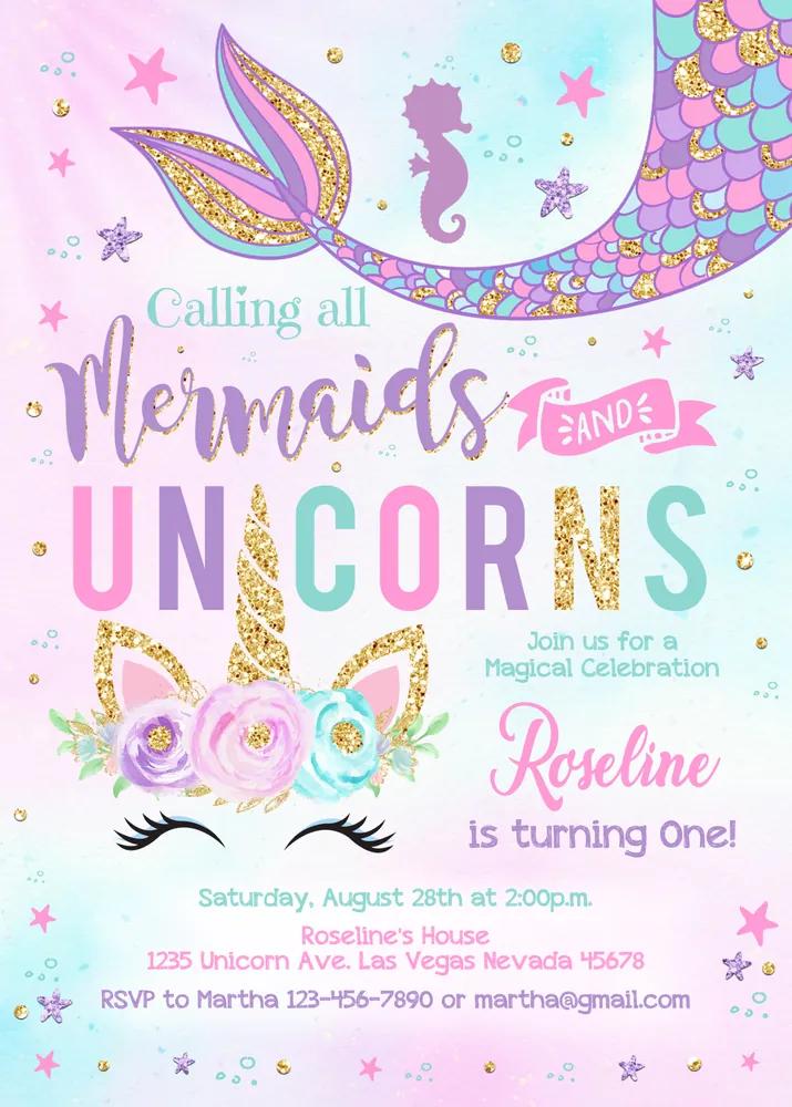 Unicorn Mermaid Birthday Invitation | Editable Canva Template Instant Download