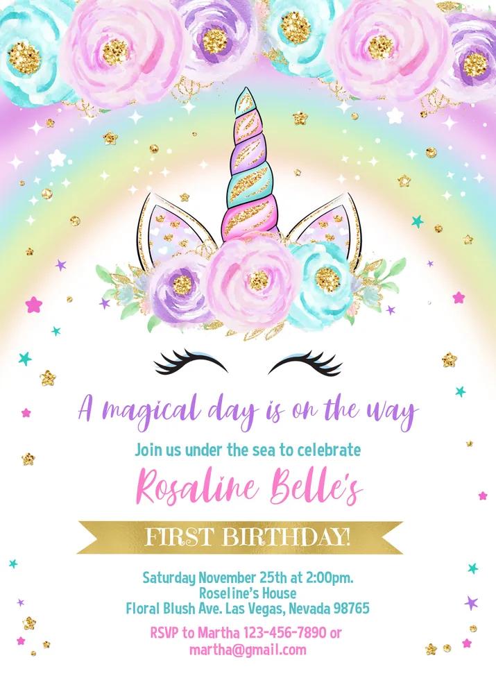 Rainbow Unicorn Birthday Invitation | Editable Canva Template | Floral Magical