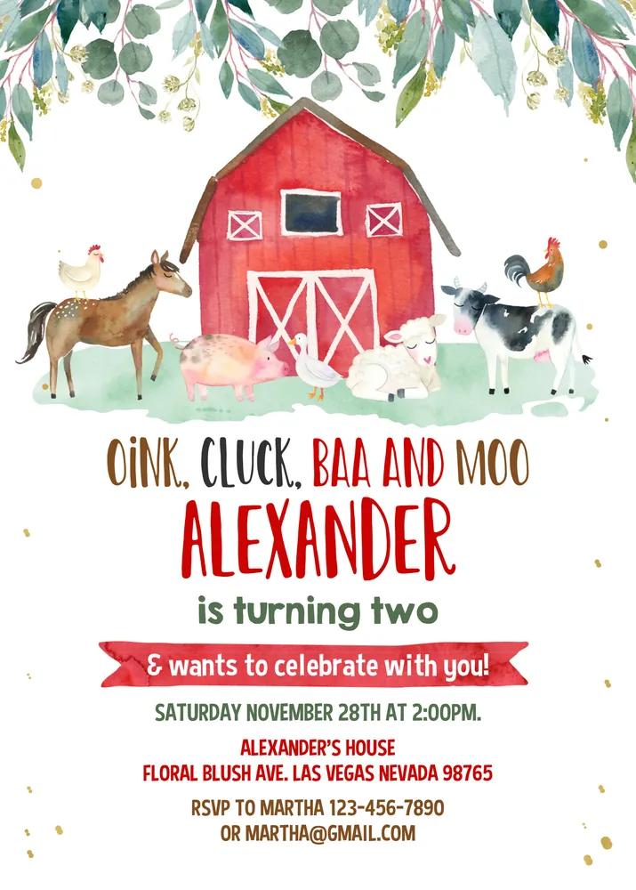 Farm Birthday Invitation - Editable Canva Template Boy Barnyard Animal Party