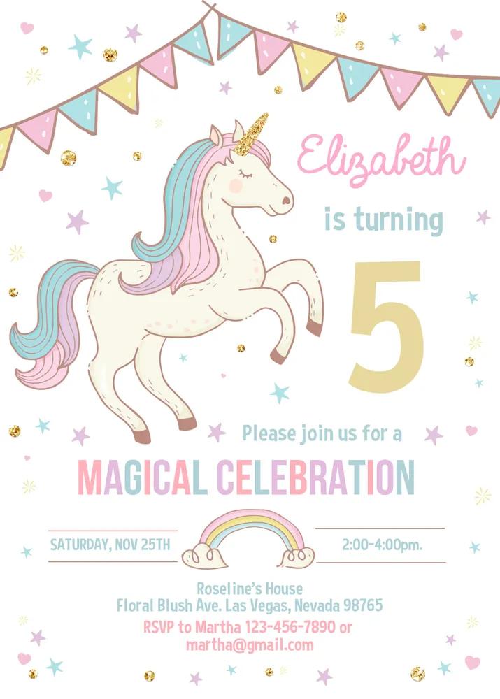 Unicorn Birthday Invitation Template | Girls Pastel Gold Magical Party Invite