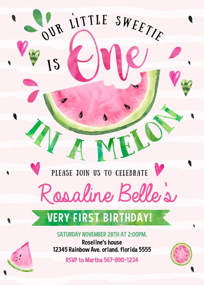One in a Melon 1st Birthday Invitation | Watermelon Canva Template