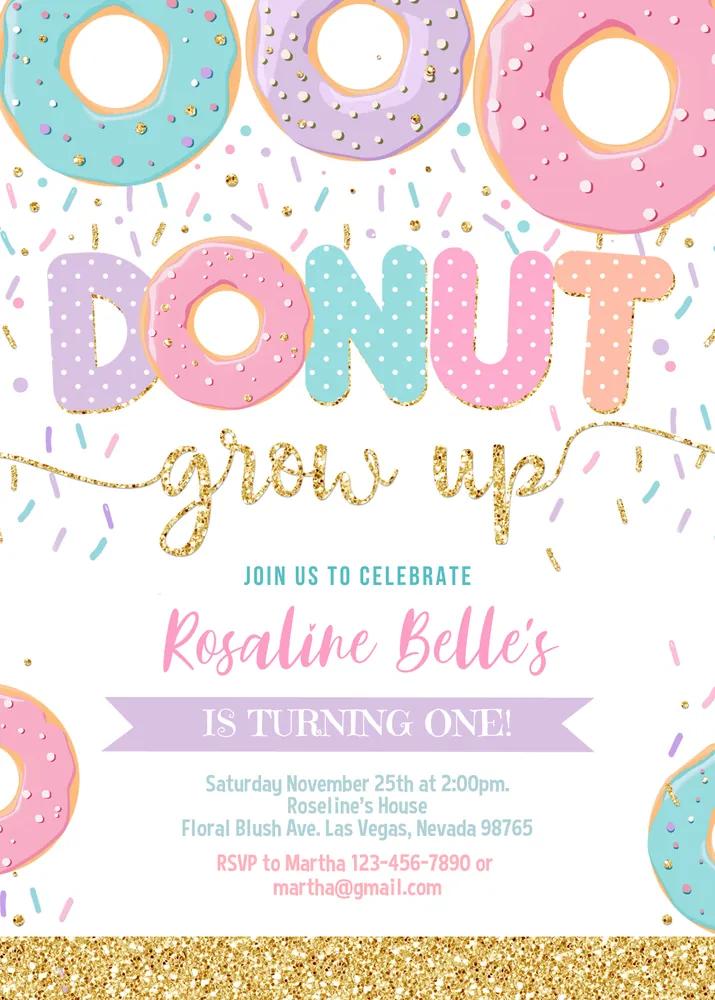 Donut Grow Up 1st Birthday Invitation - Editable Canva Template